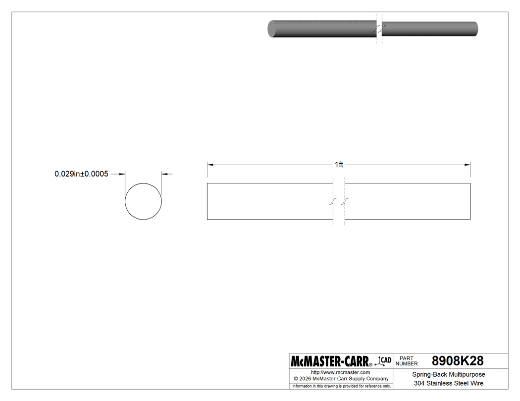 Technical Drawing of Spring-Back Multipurpose 304 Stainless Steel Wire, 1 Foot Long, 0.029" Diameter.